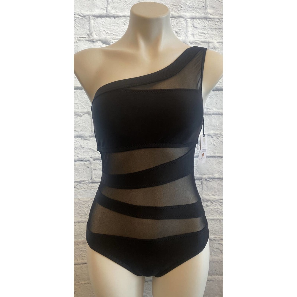 Shade & Shore Black Mesh Front One Shoulder One Piece Swimsuit Size Small (4-6)